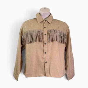 Melrose with Love Tan Embellished Fringed Studded Western Button-Up Shirt. Large